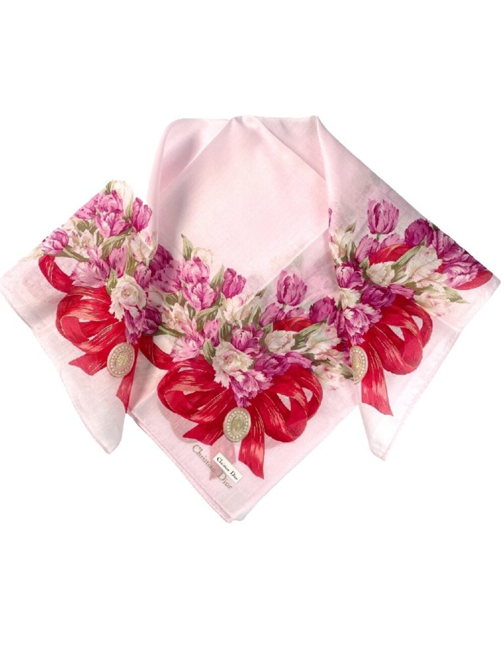 Vintage Christian Dior Floral Cotton Scarf NWT Pink Tulips